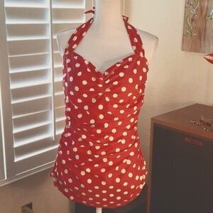 🏊👙Esther Williams Vintage Red Polka Dot  Rusched Front Drape Swimsuit Size 16